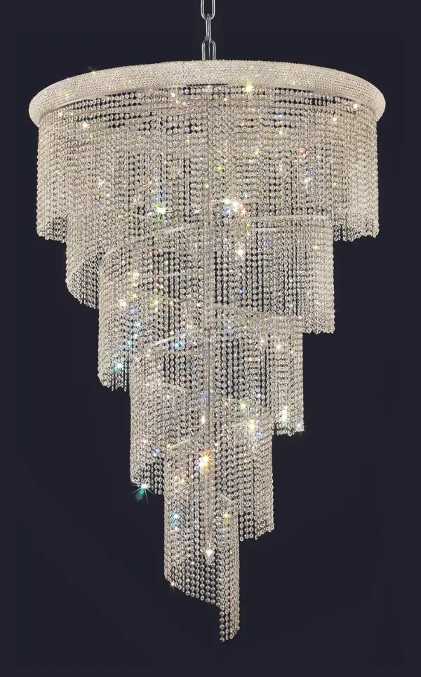 Mesmerizing crystals cascade in a waterfall of glamorous light in the Spiral collection. The magnificent chrome or gold frame is adorned by shimmering elegant-cut, royal-cut, Swarovski Spectra, or Swarovski Elements crystal strands. Bring glistening light to your foyer, living room, dining room, or bedroom with a Spiral hanging fixture. Collection: Spiral Rooms: Dining room, Living room, Bedroom, Bathroom, Entry Way, Finish: Chrome Crystal: clear Notes: Royal Cut Crystal (Clear) Width: 48.00" Height: 72.00" Length: 48.00" Weight: 160.00 lb Chain: 60"Chrome Wire: 141.73" Clear Canopy: 7.87"x5.7" Number of Bulbs: 29 Maximum Wattage: 40.00 W Bulb Type: B10 Bulb Base: E12 Dimmable Voltage: 110.00 V Material: Steel and Crystal Country of Origin: China Safety Listing: ETL Safety Rating: UL,ULC Title 20 Title 24 Manufacturer Warranty: 1 year limited