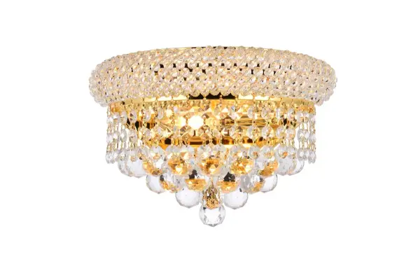"Primo" means "first" in Italian, and the Primo wall sconces live up to their name as the top choice in classic, dramatic lighting. The gentle bell-shaped design adds graceful elegance to brighten any area of your home. A small ring on top, encrusted with crystals, holds strands of crystal octagons that flow outward to the larger bottom ring, laden with more crystals. Below that, this shimmering fixture culminates in descending layers of crystal octagons, balls, or drops, which come together with a Single ball at the bottom. Collection: Primo Rooms: Hallway, Living room, Bedroom, Bathroom, Entry Way, Finish: Gold Crystal: clear Notes: Royal Cut Crystal (Clear) Width: 7.00" Height: 6.00" Length: 12.00" Weight: 4.00 lb Extension from Wall: 7.00" Wire: 11.81" Canopy: 5.11``x9.05`` Number of Bulbs: 2 Maximum Wattage: 40.00 W Bulb Type: B10 Bulb Base: E12 Dimmable Voltage: 110.00 V Material: Steel Country of Origin: China Safety Listing: ETL Safety Rating: Damp Title 20 Title 24 Manufacturer Warranty: 1 year limited