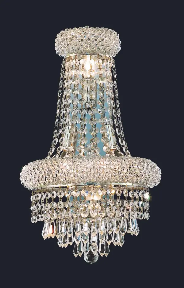 "Primo" means "first" in Italian, and the Primo wall sconces live up to their name as the top choice in classic, dramatic lighting. The gentle bell-shaped design adds graceful elegance to brighten any area of your home. A small ring on top, encrusted with crystals, holds strands of crystal octagons that flow outward to the larger bottom ring, laden with more crystals. Below that, this shimmering fixture culminates in descending layers of crystal octagons, balls, or drops, which come together with a Single ball at the bottom. Collection: Primo Rooms: Hallway, Living room, Bedroom, Bathroom, Entry Way, Finish: Chrome Crystal: clear Notes: Royal Cut Crystal (Clear) Width: 7.00" Height: 18.00" Length: 12.00" Weight: 7.00 lb Extension from Wall: 7.00" Wire: 11.81" Canopy: 6.1``x9.64`` Number of Bulbs: 4 Maximum Wattage: 40.00 W Bulb Type: B10 Bulb Base: E12 Dimmable Voltage: 110.00 V Material: Steel Country of Origin: China Safety Listing: ETL Safety Rating: Damp Title 20 Title 24 Manufacturer Warranty: 1 year limited