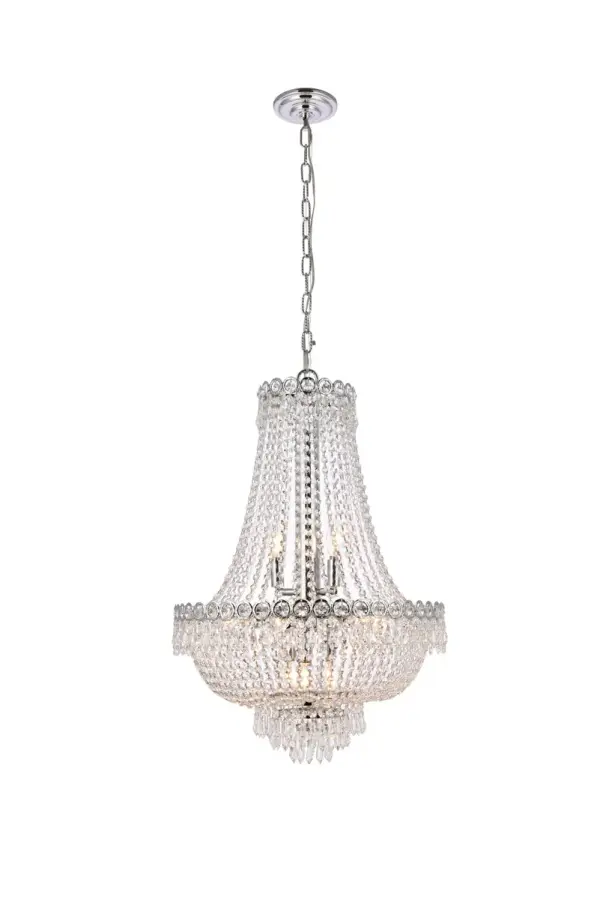 The exquisite Century collection was inspired by the classic allure of 19th-century France. These opulent chandeliers and pendant lamps are highlighted by delicate lines of light-refracting crystals gently flowing down into a bell shape. Each layer is banded with crystal octagons and spear-shaped drops, with the extravaganza coming together at the bottom with a Single crystal ball or a shell completely covered in clear spherical crystal balls. This masterpiece is available in a variety of crystal trims. A column of chrome or gold inside supports soft-glowing candelabra bulbs, creating an effulgence that peeks out between the strands of crystals. Collection: Century Rooms: Dining room, Living room, Bedroom, Bathroom, Entry Way, Finish: Chrome Crystal: clear Notes: Royal Cut Crystal (Clear) Width: 20.00" Height: 26.00" Length: 20.00" Weight: 29.00 lb Chain: 60"Chrome Wire: 141.73" Clear Canopy: 5.3"x1" Number of Bulbs: 12 Maximum Wattage: 40.00 W Bulb Type: B10 Bulb Base: E12 Dimmable Voltage: 110.00 V Material: Steel and Crystal Country of Origin: China Safety Listing: ETL Safety Rating: UL,ULC Title 20 Title 24 Manufacturer Warranty: 1 year limited