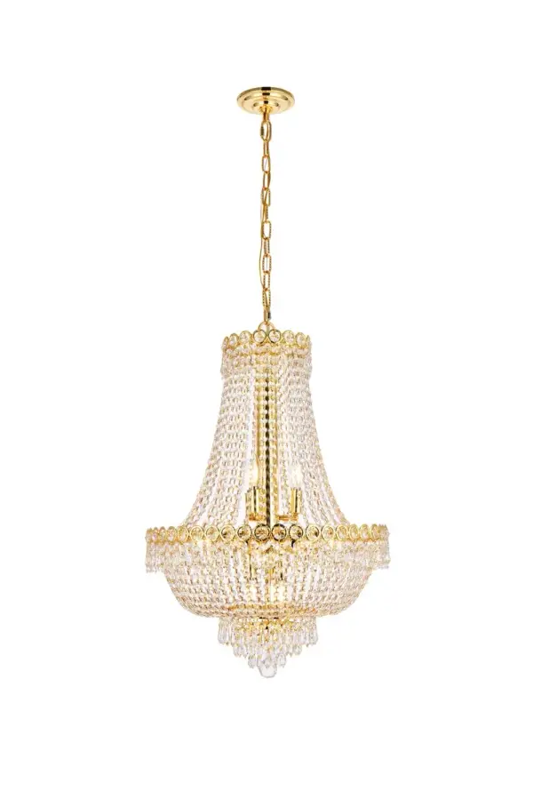 The exquisite Century collection was inspired by the classic allure of 19th-century France. These opulent chandeliers and pendant lamps are highlighted by delicate lines of light-refracting crystals gently flowing down into a bell shape. Each layer is banded with crystal octagons and spear-shaped drops, with the extravaganza coming together at the bottom with a Single crystal ball or a shell completely covered in clear spherical crystal balls. This masterpiece is available in a variety of crystal trims. A column of chrome or gold inside supports soft-glowing candelabra bulbs, creating an effulgence that peeks out between the strands of crystals. Collection: Century Rooms: Dining room, Living room, Bedroom, Bathroom, Entry Way, Finish: Gold Crystal: clear Notes: Royal Cut Crystal (Clear) Width: 20.00" Height: 26.00" Length: 20.00" Weight: 29.00 lb Chain: 60"Gold Wire: 141.73" Gold Canopy: 5.3"x1" Number of Bulbs: 12 Maximum Wattage: 40.00 W Bulb Type: B10 Bulb Base: E12 Dimmable Voltage: 110.00 V Material: Steel and Crystal Country of Origin: China Safety Listing: ETL Safety Rating: UL,ULC Title 20 Title 24 Manufacturer Warranty: 1 year limited