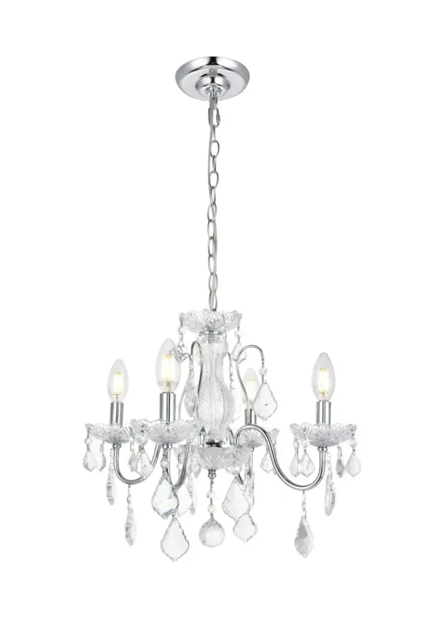 It's easy to add a magnificent light fixture to your home with chandeliers and pendants from the St. Francis collection. Featuring intricate steel frames with graceful sweeping arms and candelabra-style bulbs (not included), these gorgeous fixtures include a dazzling visual array of delicate crystal bobéches, pendeloques, and beads. Available with a choice of beautiful metal finishes and types of crystal, in a range of diameters from 17 to 36 inches. Collection: St. Francis Rooms: Dining room, Living room, Bedroom, Bathroom, Entry Way, Finish: Chrome Crystal: clear Notes: Royal Cut Crystal (Clear) Width: 17.00" Height: 15.00" Length: 17.00" Weight: 7.00 lb Chain: 60"Chrome Wire: 82.6" Clear Canopy: 5.11"x1.26" Number of Bulbs: 4 Maximum Wattage: 40.00 W Bulb Type: B10 Bulb Base: E12 Dimmable Voltage: 110.00 V Material: Steel Country of Origin: China Safety Listing: ETL Safety Rating: UL,ULC Title 20 Title 24 Manufacturer Warranty: 1 year limited