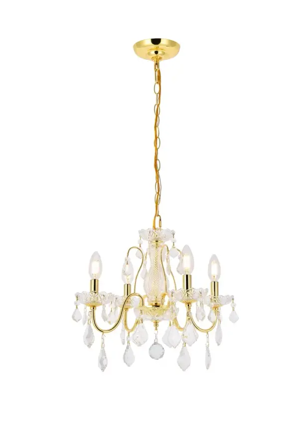 It's easy to add a magnificent light fixture to your home with chandeliers and pendants from the St. Francis collection. Featuring intricate steel frames with graceful sweeping arms and candelabra-style bulbs (not included), these gorgeous fixtures include a dazzling visual array of delicate crystal bobéches, pendeloques, and beads. Available with a choice of beautiful metal finishes and types of crystal, in a range of diameters from 17 to 36 inches. Collection: St. Francis Rooms: Dining room, Living room, Bedroom, Bathroom, Entry Way, Finish: Gold Crystal: clear Notes: Royal Cut Crystal (Clear) Width: 17.00" Height: 15.00" Length: 17.00" Weight: 7.00 lb Chain: 60"Gold Wire: 82.6" Gold Canopy: 5.11"x1.26" Number of Bulbs: 4 Maximum Wattage: 40.00 W Bulb Type: B10 Bulb Base: E12 Dimmable Voltage: 110.00 V Material: Steel Country of Origin: China Safety Listing: ETL Safety Rating: UL,ULC Title 20 Title 24 Manufacturer Warranty: 1 year limited