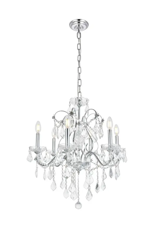It's easy to add a magnificent light fixture to your home with chandeliers and pendants from the St. Francis collection. Featuring intricate steel frames with graceful sweeping arms and candelabra-style bulbs (not included), these gorgeous fixtures include a dazzling visual array of delicate crystal bobéches, pendeloques, and beads. Available with a choice of beautiful metal finishes and types of crystal, in a range of diameters from 17 to 36 inches. Collection: St. Francis Rooms: Dining room, Living room, Bedroom, Bathroom, Entry Way, Finish: Chrome Crystal: clear Notes: Royal Cut Crystal (Clear) Width: 24.00" Height: 21.00" Length: 24.00" Weight: 15.00 lb Chain: 60"Chrome Wire: 126" Clear Canopy: 5.3"x1" Number of Bulbs: 6 Maximum Wattage: 40.00 W Bulb Type: B10 Bulb Base: E12 Dimmable Voltage: 110.00 V Material: Steel Country of Origin: China Safety Listing: ETL Safety Rating: UL,ULC Title 20 Title 24 Manufacturer Warranty: 1 year limited