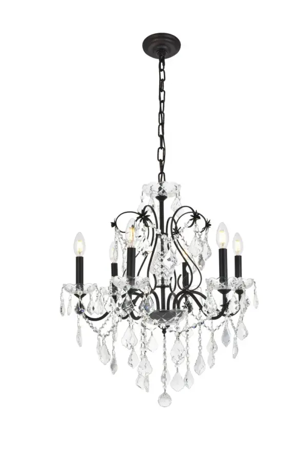 It's easy to add a magnificent light fixture to your home with chandeliers and pendants from the St. Francis collection. Featuring intricate steel frames with graceful sweeping arms and candelabra-style bulbs (not included), these gorgeous fixtures include a dazzling visual array of delicate crystal bobéches, pendeloques, and beads. Available with a choice of beautiful metal finishes and types of crystal, in a range of diameters from 17 to 36 inches. Collection: St. Francis Rooms: Dining room, Living room, Bedroom, Bathroom, Entry Way, Finish: Dark Bronze Crystal: clear Notes: Royal Cut Crystal (Clear) Width: 24.00" Height: 21.00" Length: 24.00" Weight: 15.00 lb Chain: 60"Dark Bronze Wire: 126" Black Canopy: 5.3"x1" Number of Bulbs: 6 Maximum Wattage: 40.00 W Bulb Type: B10 Bulb Base: E12 Dimmable Voltage: 110.00 V Material: Steel Country of Origin: China Safety Listing: ETL Safety Rating: UL,ULC Title 20 Title 24 Manufacturer Warranty: 1 year limited