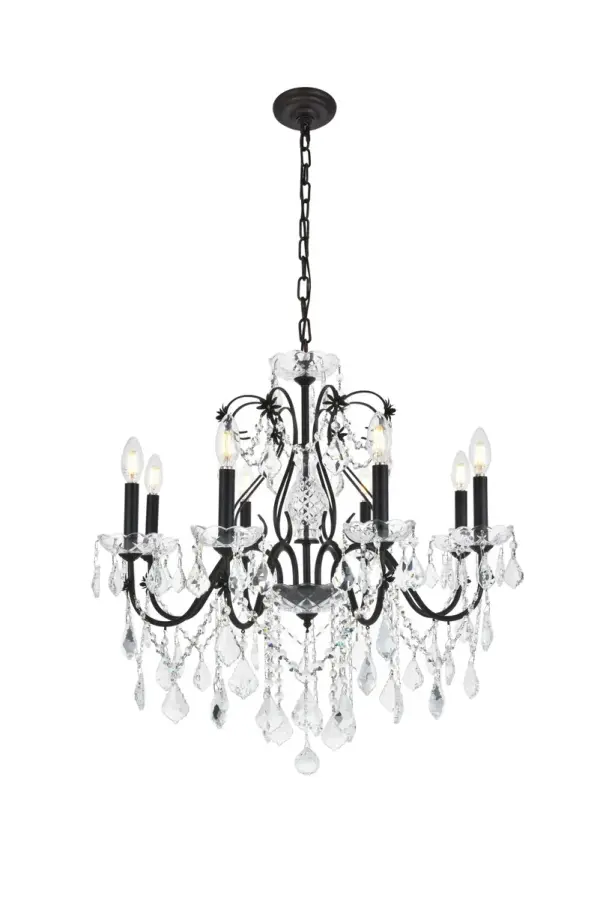 It's easy to add a magnificent light fixture to your home with chandeliers and pendants from the St. Francis collection. Featuring intricate steel frames with graceful sweeping arms and candelabra-style bulbs (not included), these gorgeous fixtures include a dazzling visual array of delicate crystal bobéches, pendeloques, and beads. Available with a choice of beautiful metal finishes and types of crystal, in a range of diameters from 17 to 36 inches. Collection: St. Francis Rooms: Dining room, Living room, Bedroom, Bathroom, Entry Way, Finish: Dark Bronze Crystal: clear Notes: Royal Cut Crystal (Clear) Width: 26.00" Height: 23.00" Length: 26.00" Weight: 18.00 lb Chain: 60"Dark Bronze Wire: 126" Black Canopy: 5.3"x1" Number of Bulbs: 8 Maximum Wattage: 40.00 W Bulb Type: B10 Bulb Base: E12 Dimmable Voltage: 110.00 V Material: Steel Country of Origin: China Safety Listing: ETL Safety Rating: UL,ULC Title 20 Title 24 Manufacturer Warranty: 1 year limited