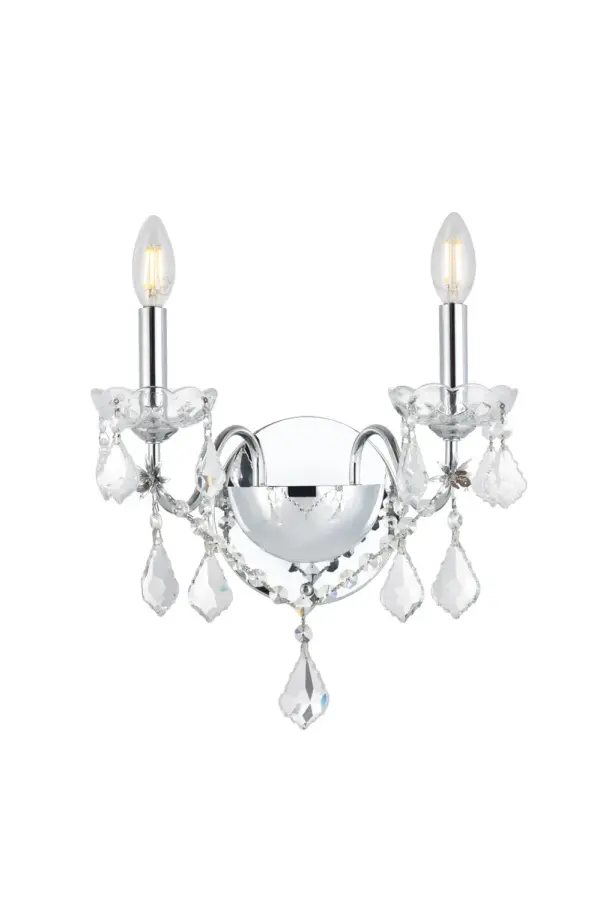 The St. Francis collection of sconces can add a brilliant touch of elegance and sophistication wherever they're placed. The fixtures feature graceful sweeping arms holding candelabra-style bulbs on delicate crystal bobèches, accented with crystal pendeloques, festoons, and beads. Available in a range of beautiful metal finishes and types of crystal, with your choice of two- or three-bulb styles (bulbs not included). Collection: St. Francis Rooms: Hallway, Living room, Bedroom, Bathroom, Entry Way, Finish: Chrome Crystal: clear Notes: Royal Cut Crystal (Clear) Width: 8.00" Height: 15.00" Length: 13.00" Weight: 4.00 lb Extension from Wall: 8.00" Wire: 11.81" Canopy: 5.11``x0.98`` Number of Bulbs: 2 Maximum Wattage: 40.00 W Bulb Type: B10 Bulb Base: E12 Dimmable Voltage: 110.00 V Material: Steel Country of Origin: China Safety Listing: ETL Safety Rating: Damp Title 20 Title 24 Manufacturer Warranty: 1 year limited
