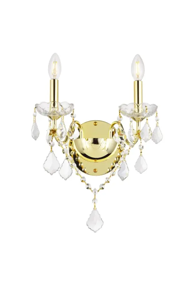 The St. Francis collection of sconces can add a brilliant touch of elegance and sophistication wherever they're placed. The fixtures feature graceful sweeping arms holding candelabra-style bulbs on delicate crystal bobèches, accented with crystal pendeloques, festoons, and beads. Available in a range of beautiful metal finishes and types of crystal, with your choice of two- or three-bulb styles (bulbs not included). Collection: St. Francis Rooms: Hallway, Living room, Bedroom, Bathroom, Entry Way, Finish: Gold Crystal: clear Notes: Royal Cut Crystal (Clear) Width: 8.00" Height: 15.00" Length: 13.00" Weight: 4.00 lb Extension from Wall: 8.00" Wire: 11.81" Canopy: 5.11``x0.98`` Number of Bulbs: 2 Maximum Wattage: 40.00 W Bulb Type: B10 Bulb Base: E12 Dimmable Voltage: 110.00 V Material: Steel Country of Origin: China Safety Listing: ETL Safety Rating: Damp Title 20 Title 24 Manufacturer Warranty: 1 year limited