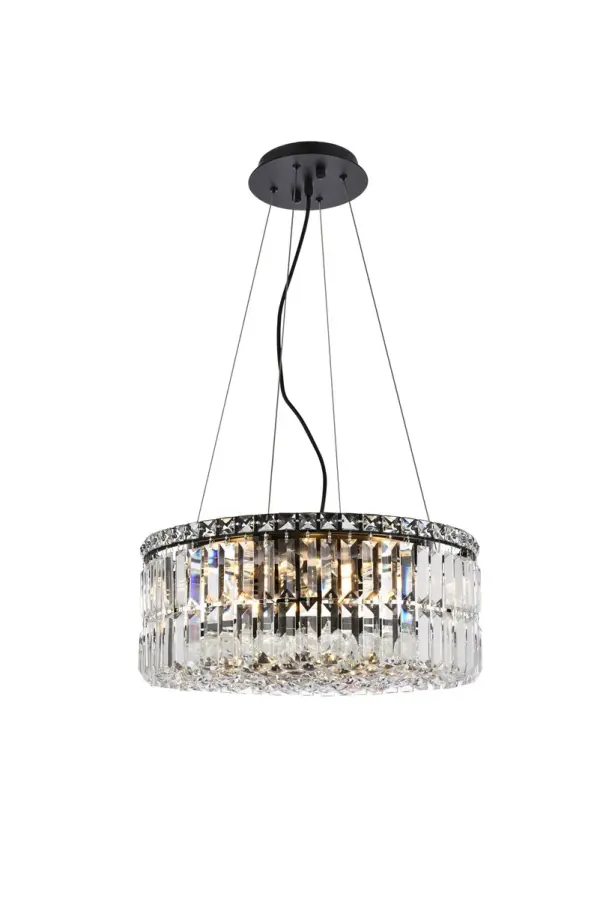 A riot of shapes and textures, Maxime collection hanging fixtures sparkle in a mosaic of crystal tiles. Square and rectangular precision-cut crystals form the flamboyant exterior while faceted crystal balls create a bubbled effect for light to shine through beneath. A mischievous asymmetrical hanging tube adds a touch of whimsy to this structured design. Available in a black or chrome finish with clear crystals, these lamps are a luxurious addition to a dining room, stairwell, foyer, or living room. Collection: Maxime Rooms: Dining room, Living room, Bedroom, Bathroom, Entry Way, Finish: Black and Clear Crystal: Clear Width: 20.00" Height: 7.50" Length: 20.00" Weight: 46.00 lb Chain: 98`` Wire: 144" Black Canopy: 7"x1" Number of Bulbs: 12 Maximum Wattage: 40.00 W Bulb Type: E-12 Bulb Base: E12 Dimmable Voltage: 110.00 V Material: Metal and Crystal Country of Origin: China Safety Listing: ETL Safety Rating: Damp Title 20 Title 24 Manufacturer Warranty: 1 year limited Spec Sheet