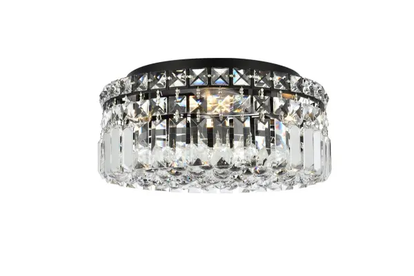 A riot of shapes and textures, Maxime collection flush mounts sparkle in a mosaic of crystal tiles. Square and rectangular precision-cut crystals form the flamboyant exterior while faceted crystal balls create a bubbled effect for light to shine through beneath. Available in a black or chrome finish with clear crystals, these lamps are a luxurious addition to a kitchen, stairwell, foyer, or living room. Collection: Maxime Rooms: Dining room, Living room, Bedroom, Bathroom, Entry Way, Finish: Black and Clear Crystal: Clear Width: 12.00" Height: 5.50" Length: 12.00" Weight: 16.00 lb Wire: 12" Black Canopy: 9.8"x1" Number of Bulbs: 4 Maximum Wattage: 40.00 W Bulb Type: E-12 Bulb Base: E12 Dimmable Voltage: 110.00 V Material: Metal and Crystal Country of Origin: China Safety Listing: ETL Safety Rating: Damp Title 20 Title 24 Manufacturer Warranty: 1 year limited Spec Sheet