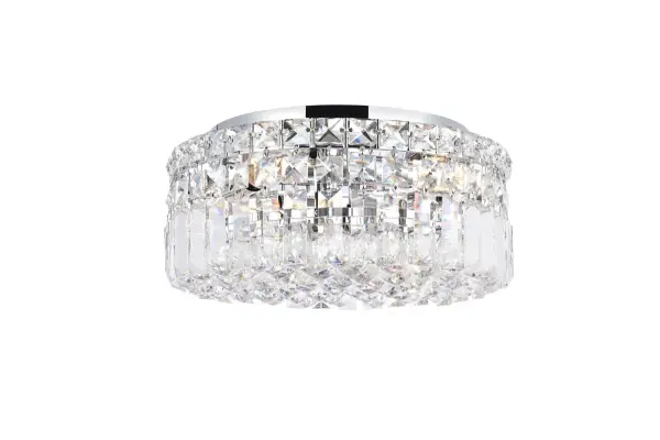 A riot of shapes and textures, Maxime collection flush mounts sparkle in a mosaic of crystal tiles. Square and rectangular precision-cut crystals form the flamboyant exterior while faceted crystal balls create a bubbled effect for light to shine through beneath. Available in a chrome finish with clear crystals, these lamps are a luxurious addition to a kitchen, stairwell, foyer, or living room. Collection: Maxime Rooms: Dining room, Living room, Bedroom, Bathroom, Entry Way, Closet Finish: Chrome Crystal: clear Notes: Royal Cut Crystal (Clear) Width: 12.00" Height: 5.50" Length: 12.00" Weight: 13.00 lb Wire: 11.81" Canopy: 9.84"x0.78" Number of Bulbs: 4 Maximum Wattage: 40.00 W Bulb Type: B10 Bulb Base: E12 Dimmable Voltage: 110.00 V Material: Steel Country of Origin: China Safety Listing: ETL Safety Rating: UL,ULC Manufacturer Warranty: 1 year limited