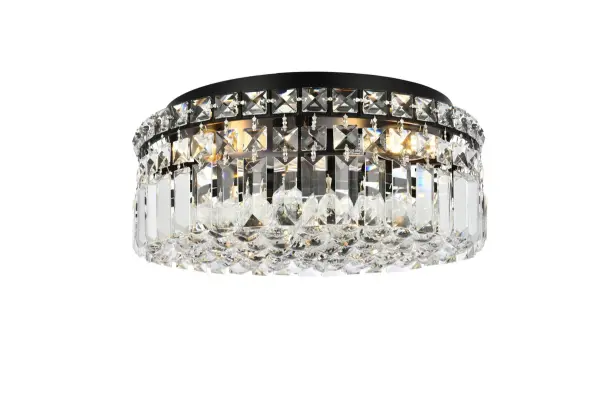 A riot of shapes and textures, Maxime collection flush mounts sparkle in a mosaic of crystal tiles. Square and rectangular precision-cut crystals form the flamboyant exterior while faceted crystal balls create a bubbled effect for light to shine through beneath. Available in a black or chrome finish with clear crystals, these lamps are a luxurious addition to a kitchen, stairwell, foyer, or living room. Collection: Maxime Rooms: Dining room, Living room, Bedroom, Bathroom, Entry Way, Finish: Black and Clear Crystal: Clear Width: 14.00" Height: 5.50" Length: 14.00" Weight: 21.00 lb Wire: 12" Black Canopy: 11.8"x1" Number of Bulbs: 4 Maximum Wattage: 40.00 W Bulb Type: E-12 Bulb Base: E12 Dimmable Voltage: 110.00 V Material: Metal and Crystal Country of Origin: China Safety Listing: ETL Safety Rating: Damp Title 20 Title 24 Manufacturer Warranty: 1 year limited Spec Sheet