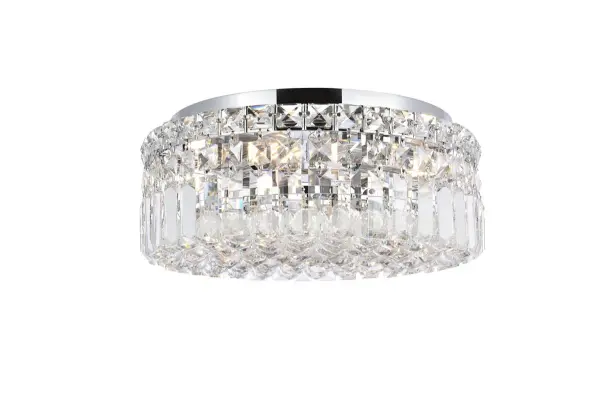 A riot of shapes and textures, Maxime collection flush mounts sparkle in a mosaic of crystal tiles. Square and rectangular precision-cut crystals form the flamboyant exterior while faceted crystal balls create a bubbled effect for light to shine through beneath. Available in a chrome finish with clear crystals, these lamps are a luxurious addition to a kitchen, stairwell, foyer, or living room. Collection: Maxime Rooms: Dining room, Living room, Bedroom, Bathroom, Entry Way, Closet Finish: Chrome Crystal: clear Notes: Royal Cut Crystal (Clear) Width: 14.00" Height: 5.50" Length: 14.00" Weight: 21.00 lb Wire: 11.81" Canopy: 11.81"x0.78" Number of Bulbs: 4 Maximum Wattage: 40.00 W Bulb Type: B10 Bulb Base: E12 Dimmable Voltage: 110.00 V Material: Steel Country of Origin: China Safety Listing: ETL Safety Rating: UL,ULC Manufacturer Warranty: 1 year limited