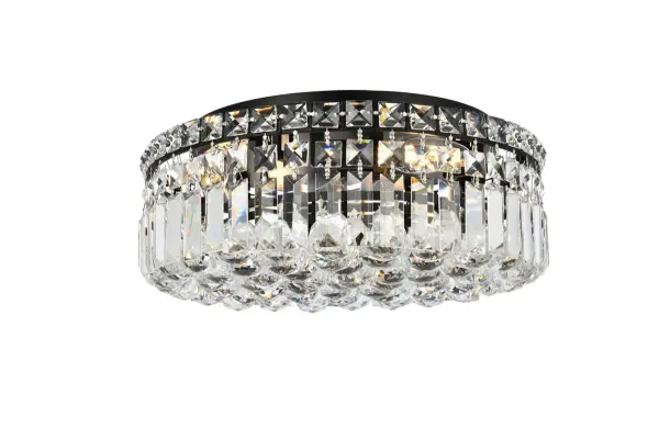 A riot of shapes and textures, Maxime collection flush mounts sparkle in a mosaic of crystal tiles. Square and rectangular precision-cut crystals form the flamboyant exterior while faceted crystal balls create a bubbled effect for light to shine through beneath. Available in a black or chrome finish with clear crystals, these lamps are a luxurious addition to a kitchen, stairwell, foyer, or living room. Collection: Maxime Rooms: Dining room, Living room, Bedroom, Bathroom, Entry Way, Finish: Black and Clear Crystal: Clear Width: 16.00" Height: 5.50" Length: 16.00" Weight: 30.00 lb Wire: 12" Black Canopy: 11.8"x1" Number of Bulbs: 5 Maximum Wattage: 40.00 W Bulb Type: E-12 Bulb Base: E12 Dimmable Voltage: 110.00 V Material: Metal and Crystal Country of Origin: China Safety Listing: ETL Safety Rating: Damp Title 20 Title 24 Manufacturer Warranty: 1 year limited Spec Sheet