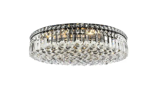 A riot of shapes and textures, Maxime collection flush mounts sparkle in a mosaic of crystal tiles. Square and rectangular precision-cut crystals form the flamboyant exterior while faceted crystal balls create a bubbled effect for light to shine through beneath. Available in a black or chrome finish with clear crystals, these lamps are a luxurious addition to a kitchen, stairwell, foyer, or living room. Collection: Maxime Rooms: Dining room, Living room, Bedroom, Bathroom, Entry Way, Finish: Black and Clear Crystal: Clear Width: 24.00" Height: 5.50" Length: 24.00" Weight: 57.00 lb Wire: 20" Black Canopy: 19.7"x1" Number of Bulbs: 9 Maximum Wattage: 40.00 W Bulb Type: E-12 Bulb Base: E12 Dimmable Voltage: 110.00 V Material: Metal and Crystal Country of Origin: China Safety Listing: ETL Safety Rating: Damp Title 20 Title 24 Manufacturer Warranty: 1 year limited Spec Sheet