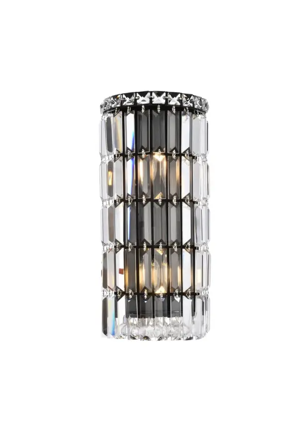 A riot of shapes and textures, Maxime collection wall sconces sparkle in a mosaic of crystal tiles. Square and rectangular precision-cut crystals form the flamboyant semicylindrical or rectangular exterior while faceted crystal balls create a bubbled effect for light to shine through beneath. Available in a black or chrome finish with clear crystals, these lamps are a luxurious addition to a bathroom, entryway, or kitchen. Collection: Maxime Rooms: Dining room, Living room, Bedroom, Bathroom, Entry Way, Finish: Black and Clear Crystal: Clear Width: 8.00" Height: 16.00" Length: 8.00" Weight: 9.00 lb Extension from Wall: 4.00" Wire: 12" Black Canopy: 15"x6"x1" Number of Bulbs: 2 Maximum Wattage: 40.00 W Bulb Type: E12 Bulb Base: E12 Dimmable Voltage: 110.00 V Material: Metal and Crystal Country of Origin: China Safety Listing: ETL Safety Rating: Damp Title 20 Title 24 Manufacturer Warranty: 1 year limited Spec Sheet