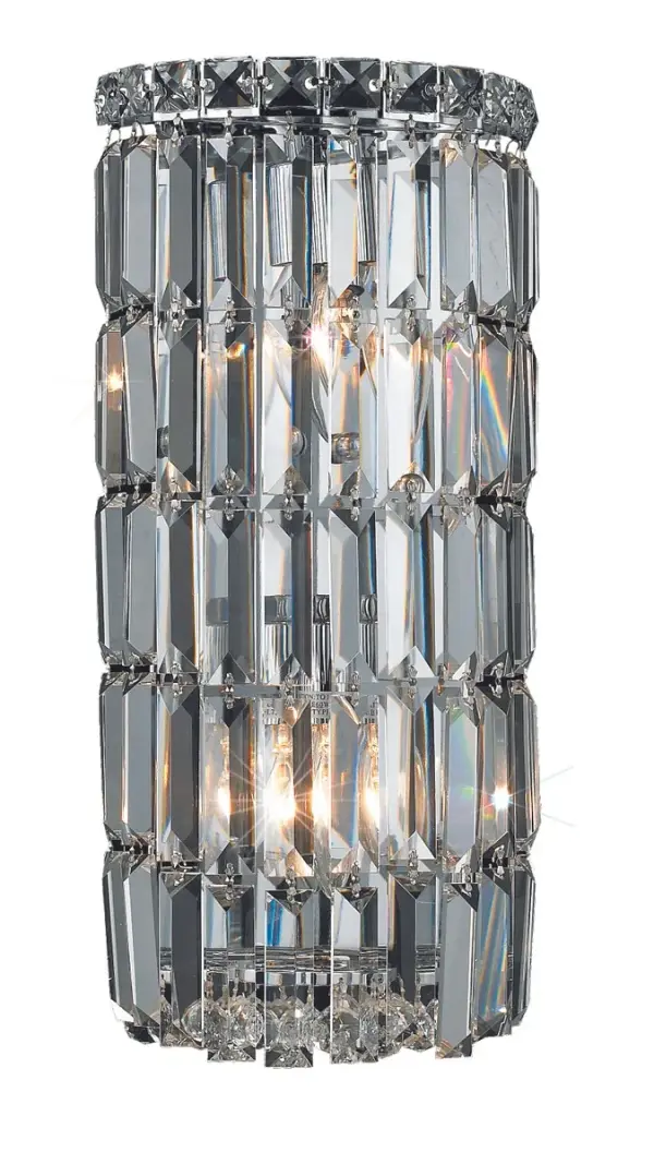 A riot of shapes and textures, Maxime collection wall sconces sparkle in a mosaic of crystal tiles. Square and rectangular precision-cut crystals form the flamboyant semicylindrical or rectangular exterior while faceted crystal balls create a bubbled effect for light to shine through beneath. Available in a chrome finish with clear or golden-teak crystals, these lamps are a luxurious addition to a bathroom, entryway, or kitchen. Collection: Maxime Rooms: Hallway, Living room, Bedroom, Bathroom, Entry Way, Finish: Chrome Crystal: clear Notes: Royal Cut Crystal (Clear) Width: 8.00" Height: 16.00" Length: 8.00" Weight: 9.00 lb Extension from Wall: 4.00" Wire: 11.81" Canopy: 15.35``x5.9``x0.78`` Number of Bulbs: 2 Maximum Wattage: 40.00 W Bulb Type: B10 Bulb Base: E12 Dimmable Voltage: 110.00 V Material: Steel Country of Origin: China Safety Listing: ETL Safety Rating: Damp Title 20 Title 24 Manufacturer Warranty: 1 year limited