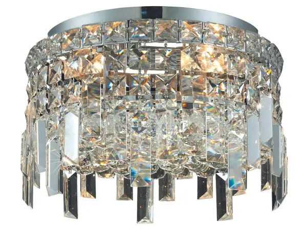 A riot of shapes and textures, Maxime collection flush mounts sparkle in a mosaic of crystal tiles. Square and rectangular precision-cut crystals form the flamboyant exterior while faceted crystal balls create a bubbled effect for light to shine through beneath. Available in a chrome finish with clear crystals, these lamps are a luxurious addition to a kitchen, stairwell, foyer, or living room. Collection: Maxime Rooms: Dining room, Living room, Bedroom, Bathroom, Entry Way, Closet Finish: Chrome Crystal: clear Notes: Royal Cut Crystal (Clear) Width: 12.00" Height: 7.00" Length: 12.00" Weight: 16.00 lb Wire: 11.81" Canopy: 9.84"x0.78" Number of Bulbs: 4 Maximum Wattage: 40.00 W Bulb Type: B10 Bulb Base: E12 Dimmable Voltage: 110.00 V Material: Steel Country of Origin: China Safety Listing: ETL Safety Rating: UL,ULC Manufacturer Warranty: 1 year limited