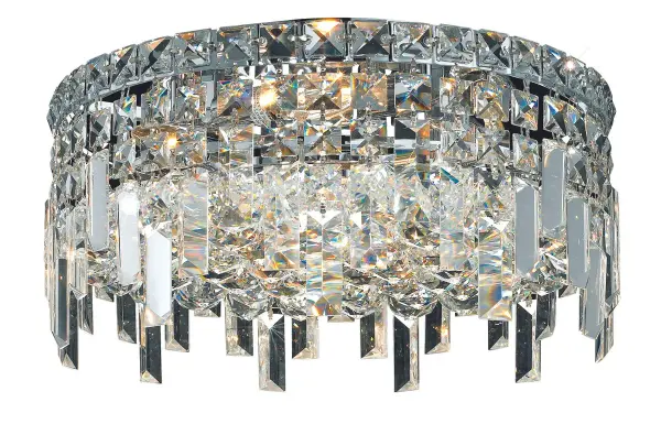A riot of shapes and textures, Maxime collection flush mounts sparkle in a mosaic of crystal tiles. Square and rectangular precision-cut crystals form the flamboyant exterior while faceted crystal balls create a bubbled effect for light to shine through beneath. Available in a chrome finish with clear crystals, these lamps are a luxurious addition to a kitchen, stairwell, foyer, or living room. Collection: Maxime Rooms: Dining room, Living room, Bedroom, Bathroom, Entry Way, Closet Finish: Chrome Crystal: clear Notes: Royal Cut Crystal (Clear) Width: 14.00" Height: 7.00" Length: 14.00" Weight: 20.00 lb Wire: 11.81" Canopy: 11.81"x0.78" Number of Bulbs: 4 Maximum Wattage: 40.00 W Bulb Type: B10 Bulb Base: E12 Dimmable Voltage: 110.00 V Material: Steel Country of Origin: China Safety Listing: ETL Safety Rating: UL,ULC Manufacturer Warranty: 1 year limited