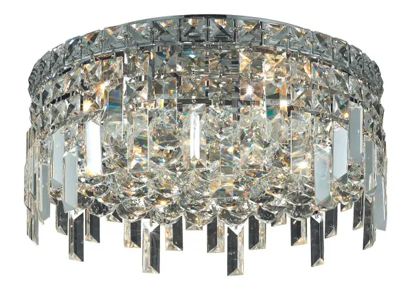 A riot of shapes and textures, Maxime collection flush mounts sparkle in a mosaic of crystal tiles. Square and rectangular precision-cut crystals form the flamboyant exterior while faceted crystal balls create a bubbled effect for light to shine through beneath. Available in a chrome finish with clear crystals, these lamps are a luxurious addition to a kitchen, stairwell, foyer, or living room. Collection: Maxime Rooms: Dining room, Living room, Bedroom, Bathroom, Entry Way, Closet Finish: Chrome Crystal: clear Notes: Royal Cut Crystal (Clear) Width: 16.00" Height: 7.00" Length: 16.00" Weight: 28.00 lb Wire: 11.81" Canopy: 11.81"x0.78" Number of Bulbs: 5 Maximum Wattage: 40.00 W Bulb Type: B10 Bulb Base: E12 Dimmable Voltage: 110.00 V Material: Steel Country of Origin: China Safety Listing: ETL Safety Rating: UL,ULC Manufacturer Warranty: 1 year limited