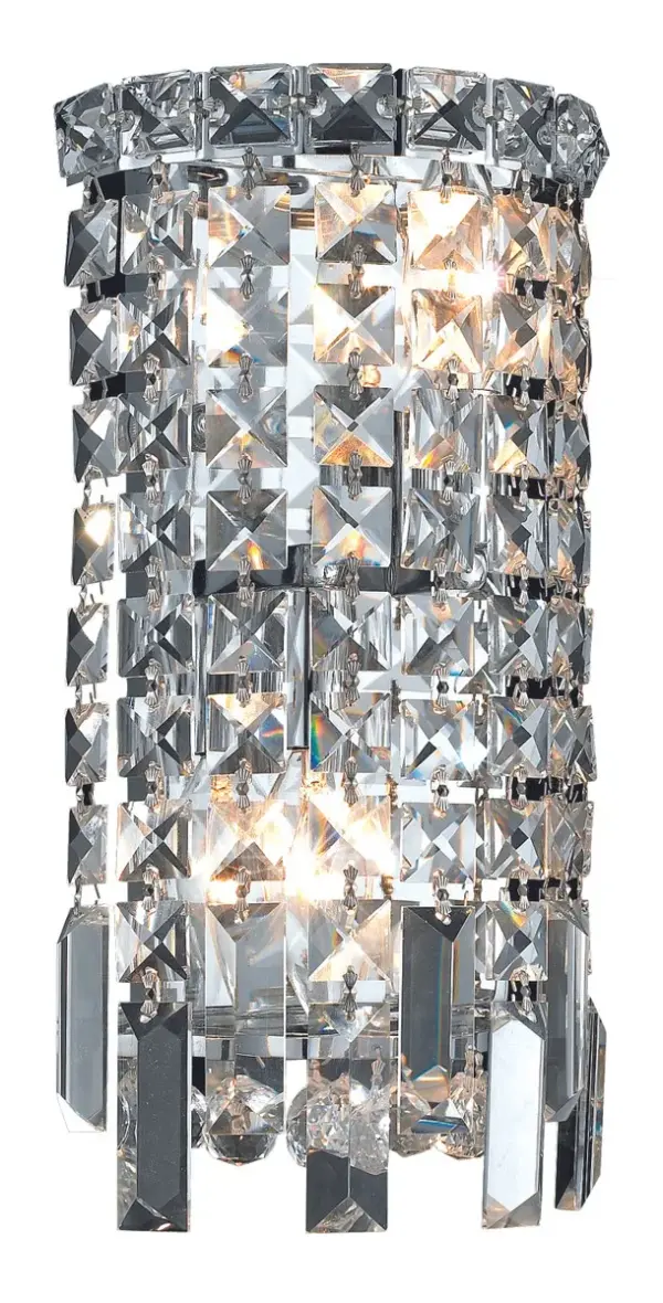 A riot of shapes and textures, Maxime collection wall sconces sparkle in a mosaic of crystal tiles. Square and rectangular precision-cut crystals form the flamboyant semicylindrical or rectangular exterior while faceted crystal balls create a bubbled effect for light to shine through beneath. Available in a chrome finish with clear or golden-teak crystals, these lamps are a luxurious addition to a bathroom, entryway, or kitchen. Collection: Maxime Rooms: Hallway, Living room, Bedroom, Bathroom, Entry Way, Finish: Chrome Crystal: clear Notes: Royal Cut Crystal (Clear) Width: 6.00" Height: 13.00" Length: 6.00" Weight: 4.00 lb Extension from Wall: 4.00" Wire: 11.81" Canopy: 10.23``x4.33``x0.78`` Number of Bulbs: 2 Maximum Wattage: 40.00 W Bulb Type: B10 Bulb Base: E12 Dimmable Voltage: 110.00 V Material: Steel Country of Origin: China Safety Listing: ETL Safety Rating: Damp Title 20 Title 24 Manufacturer Warranty: 1 year limited