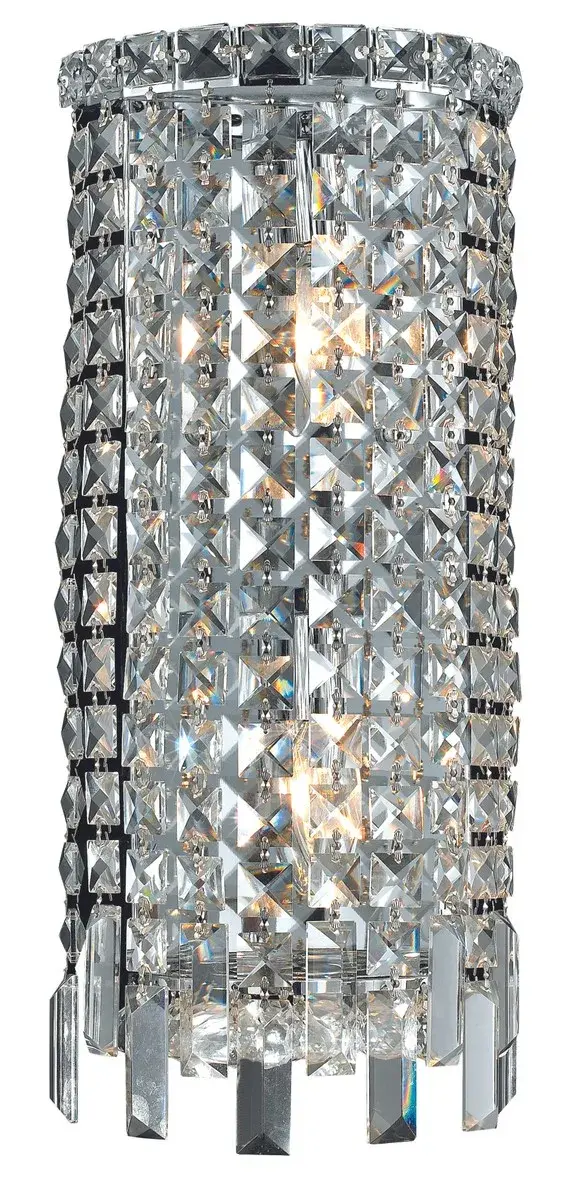 A riot of shapes and textures, Maxime collection wall sconces sparkle in a mosaic of crystal tiles. Square and rectangular precision-cut crystals form the flamboyant semicylindrical or rectangular exterior while faceted crystal balls create a bubbled effect for light to shine through beneath. Available in a chrome finish with clear or golden-teak crystals, these lamps are a luxurious addition to a bathroom, entryway, or kitchen. Collection: Maxime Rooms: Hallway, Living room, Bedroom, Bathroom, Entry Way, Finish: Chrome Crystal: clear Notes: Royal Cut Crystal (Clear) Width: 8.00" Height: 18.00" Length: 8.00" Weight: 6.00 lb Extension from Wall: 4.00" Wire: 11.81" Canopy: 15.35``x5.9``x0.78`` Number of Bulbs: 2 Maximum Wattage: 40.00 W Bulb Type: B10 Bulb Base: E12 Dimmable Voltage: 110.00 V Material: Steel Country of Origin: China Safety Listing: ETL Safety Rating: Damp Title 20 Title 24 Manufacturer Warranty: 1 year limited