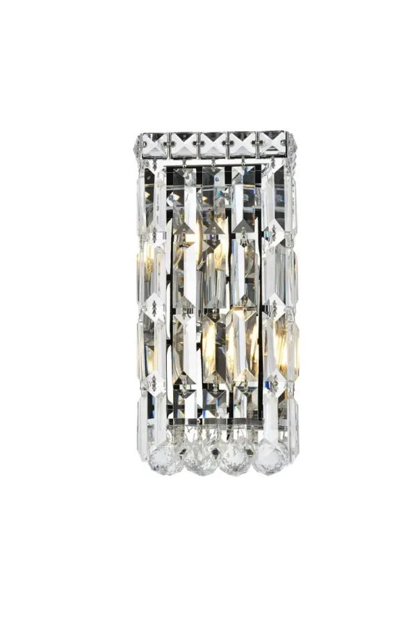 A riot of shapes and textures, Maxime collection wall sconces sparkle in a mosaic of crystal tiles. Square and rectangular precision-cut crystals form the flamboyant semicylindrical or rectangular exterior while faceted crystal balls create a bubbled effect for light to shine through beneath. Available in a chrome finish with clear or golden-teak crystals, these lamps are a luxurious addition to a bathroom, entryway, or kitchen. Collection: Maxime Rooms: Hallway, Living room, Bedroom, Bathroom, Entry Way, Finish: Chrome Crystal: clear Notes: Royal Cut Crystal (Clear) Width: 6.00" Height: 12.00" Length: 6.00" Weight: 6.00 lb Extension from Wall: 4.00" Wire: 11.81" Canopy: 23.62``x3.93``x0.98`` Number of Bulbs: 2 Maximum Wattage: 40.00 W Bulb Type: B10 Bulb Base: E12 Dimmable Voltage: 110.00 V Material: Steel Country of Origin: China Safety Listing: ETL Safety Rating: Damp Title 20 Title 24 Manufacturer Warranty: 1 year limited
