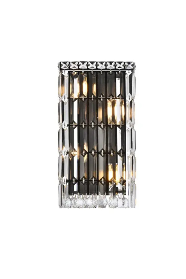 A riot of shapes and textures, Maxime collection wall sconces sparkle in a mosaic of crystal tiles. Square and rectangular precision-cut crystals form the flamboyant semicylindrical or rectangular exterior while faceted crystal balls create a bubbled effect for light to shine through beneath. Available in a black or chrome finish with clear crystals, these lamps are a luxurious addition to a bathroom, entryway, or kitchen. Collection: Maxime Rooms: Dining room, Living room, Bedroom, Bathroom, Entry Way, Finish: Black and Clear Crystal: Clear Width: 8.00" Height: 16.00" Length: 8.00" Weight: 8.00 lb Extension from Wall: 4.50" Wire: 12" Black Canopy: 15.2"x7"x1" Number of Bulbs: 4 Maximum Wattage: 40.00 W Bulb Type: E12 Bulb Base: E12 Dimmable Voltage: 110.00 V Material: Metal and Crystal Country of Origin: China Safety Listing: ETL Safety Rating: Damp Title 20 Title 24 Manufacturer Warranty: 1 year limited Spec Sheet