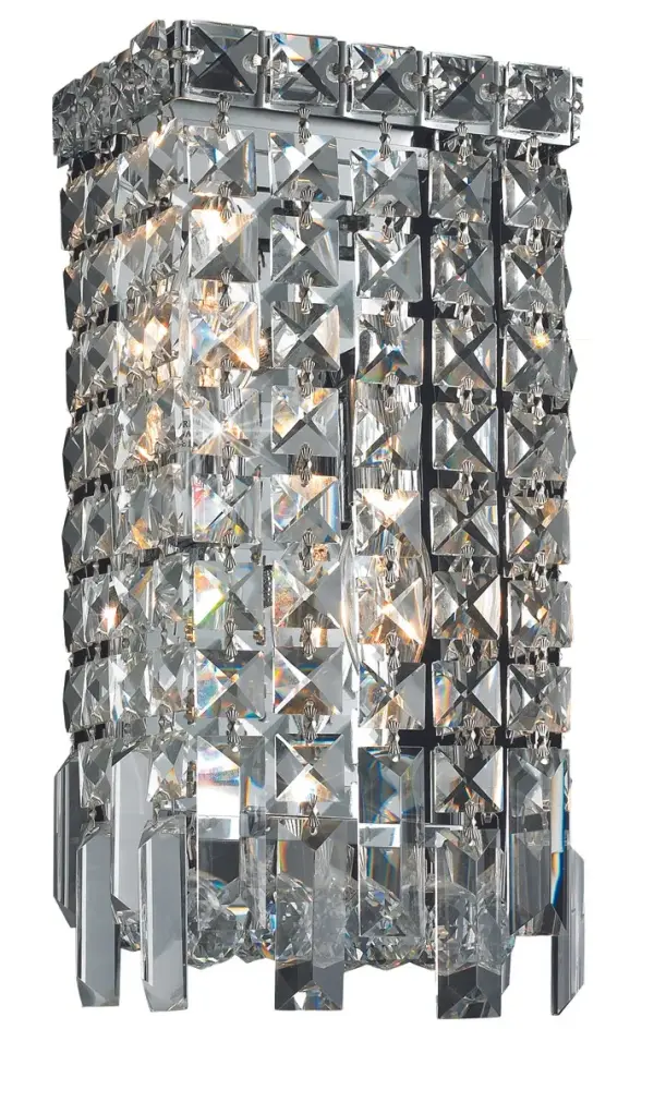 A riot of shapes and textures, Maxime collection wall sconces sparkle in a mosaic of crystal tiles. Square and rectangular precision-cut crystals form the flamboyant semicylindrical or rectangular exterior while faceted crystal balls create a bubbled effect for light to shine through beneath. Available in a chrome finish with clear or golden-teak crystals, these lamps are a luxurious addition to a bathroom, entryway, or kitchen. Collection: Maxime Rooms: Hallway, Living room, Bedroom, Bathroom, Entry Way, Finish: Chrome Crystal: clear Notes: Royal Cut Crystal (Clear) Width: 6.00" Height: 13.00" Length: 6.00" Weight: 3.00 lb Extension from Wall: 4.00" Wire: 11.81" Canopy: 10.23``x4.13``x0.78`` Number of Bulbs: 2 Maximum Wattage: 40.00 W Bulb Type: B10 Bulb Base: E12 Dimmable Voltage: 110.00 V Material: Steel Country of Origin: China Safety Listing: ETL Safety Rating: Damp Title 20 Title 24 Manufacturer Warranty: 1 year limited