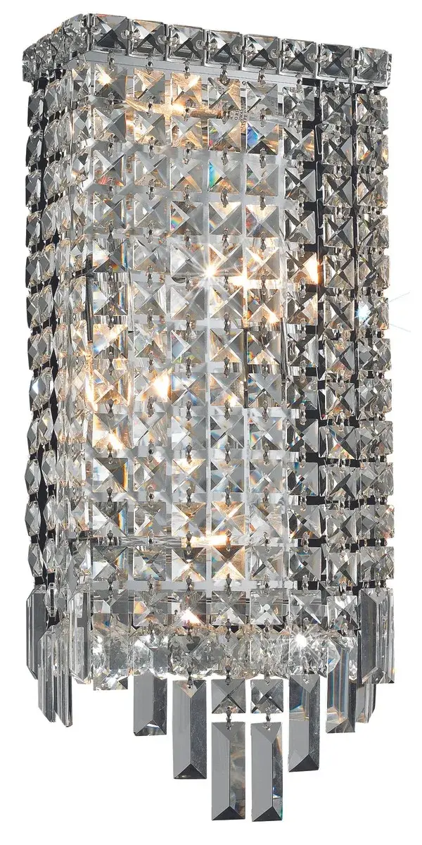 A riot of shapes and textures, Maxime collection wall sconces sparkle in a mosaic of crystal tiles. Square and rectangular precision-cut crystals form the flamboyant semicylindrical or rectangular exterior while faceted crystal balls create a bubbled effect for light to shine through beneath. Available in a chrome finish with clear or golden-teak crystals, these lamps are a luxurious addition to a bathroom, entryway, or kitchen. Collection: Maxime Rooms: Hallway, Living room, Bedroom, Bathroom, Entry Way, Finish: Chrome Crystal: clear Notes: Royal Cut Crystal (Clear) Width: 8.00" Height: 18.00" Length: 8.00" Weight: 6.00 lb Extension from Wall: 4.00" Wire: 11.81" Canopy: 15.15``x7.08``x0.78`` Number of Bulbs: 4 Maximum Wattage: 40.00 W Bulb Type: B10 Bulb Base: E12 Dimmable Voltage: 110.00 V Material: Steel Country of Origin: China Safety Listing: ETL Safety Rating: Damp Title 20 Title 24 Manufacturer Warranty: 1 year limited