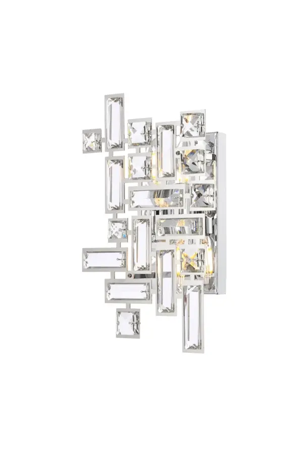 At once separate and united, Picasso collection wall lights offer avant-garde innovation that's ideal for a bathroom, entryway, or office. Reminiscent of the great artist and the cubism movement, the small crystals have been assembled to form an abstract square or rectangle. Playful in their use of negative space, square and rectangular precision-cut crystals are connected almost invisibly to allow light to shine slyly between. Available in clear crystal with a chrome finish or golden-teak crystal with a dark bronze finish. Collection: Picasso Rooms: Hallway, Living room, Bedroom, Bathroom, Entry Way, Finish: Chrome Crystal: Clear Notes: Royal Cut Clear Width: 3.50" Height: 12.00" Length: 8.00" Weight: 3.00 lb Extension from Wall: 3.50" Wire: 1ft" Canopy: 7.87``x4.33``x0.98`` Number of Bulbs: 2 Maximum Wattage: 40.00 W Bulb Type: B10 Bulb Base: E12 Dimmable Voltage: 110.00 V Material: Steel Country of Origin: China Safety Listing: ETL Safety Rating: Damp Title 20 Title 24 Manufacturer Warranty: 1 year limited
