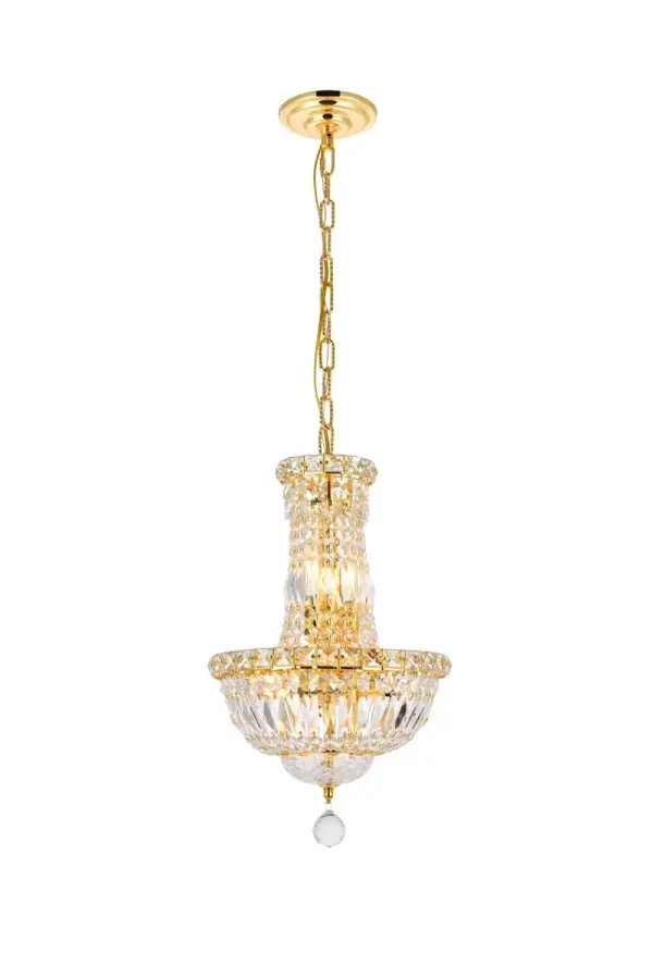 The Tranquil collection of hanging fixtures is everything you could imagine in the most decadent of lighting for your home. Captivating and serene, the radiance of this masterpiece will make you feel like a waterfall of lustrous sparkle enraptures you. Gold-finished bands of exquisite emerald-cut and baguette crystals are finished off with a mesmerizing spherical gem. These hypnotizing chandeliers and hanging pendants will add a touch of panache to your kitchen, dining room, foyer, or bedroom. Collection: Tranquil Rooms: Dining room, Living room, Bedroom, Bathroom, Entry Way, Finish: Gold Crystal: clear Notes: Royal Cut Crystal (Clear) Width: 12.00" Height: 16.00" Length: 12.00" Weight: 13.00 lb Chain: 60"Gold Wire: 141.73" Gold Canopy: 5.3"x1" Number of Bulbs: 6 Maximum Wattage: 40.00 W Bulb Type: B10 Bulb Base: E12 Dimmable Voltage: 110.00 V Material: Steel and Crystal Country of Origin: China Safety Listing: ETL Safety Rating: UL,ULC Title 20 Title 24 Manufacturer Warranty: 1 year limited