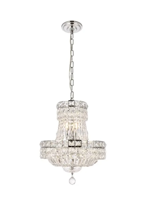 The Tranquil collection of hanging fixtures is everything you could imagine in the most decadent of lighting for your home. Captivating and serene, the radiance of this masterpiece will make you feel like a waterfall of lustrous sparkle enraptures you. Chrome-finished bands of exquisite emerald-cut and baguette jewels are finished off with a mesmerizing spherical gem. These hypnotizing chandeliers and hanging pendants will add a touch of panache to your kitchen, dining room, foyer, or bedroom. Collection: Tranquil Rooms: Dining room, Living room, Bedroom, Bathroom, Entry Way, Finish: Chrome Crystal: clear Notes: Royal Cut Crystal (Clear) Width: 14.00" Height: 19.00" Length: 14.00" Weight: 15.00 lb Chain: 60"Chrome Wire: 141.73" Clear Canopy: 5.3"x1" Number of Bulbs: 6 Maximum Wattage: 40.00 W Bulb Type: B10 Bulb Base: E12 Dimmable Voltage: 110.00 V Material: Steel and Crystal Country of Origin: China Safety Listing: ETL Safety Rating: UL,ULC Title 20 Title 24 Manufacturer Warranty: 1 year limited
