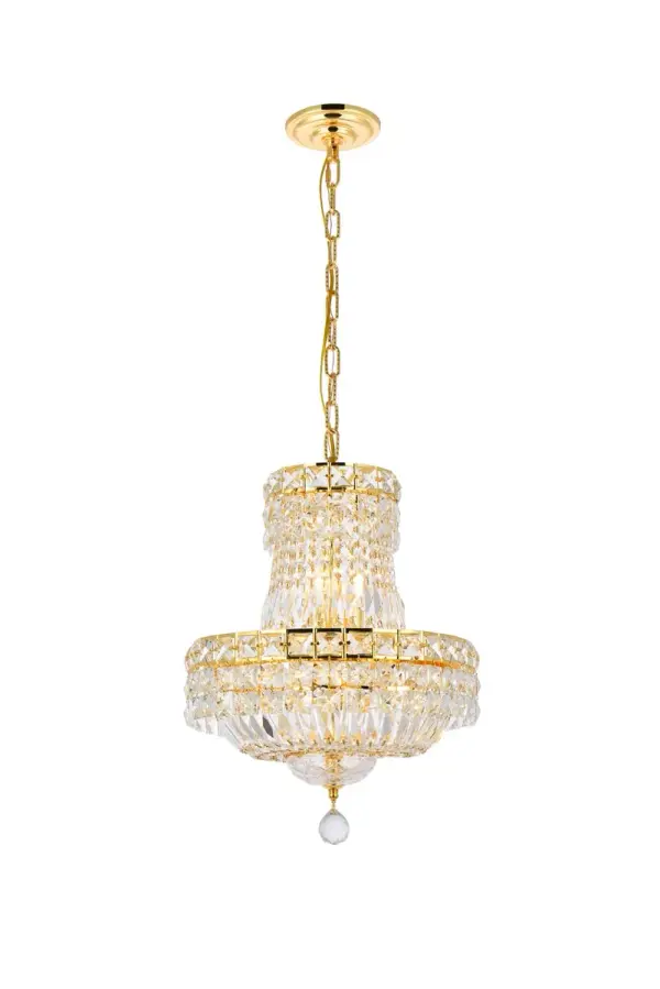 The Tranquil collection of hanging fixtures is everything you could imagine in the most decadent of lighting for your home. Captivating and serene, the radiance of this masterpiece will make you feel like a waterfall of lustrous sparkle enraptures you. Gold-finished bands of exquisite emerald-cut and baguette crystals are finished off with a mesmerizing spherical gem. These hypnotizing chandeliers and hanging pendants will add a touch of panache to your kitchen, dining room, foyer, or bedroom. Collection: Tranquil Rooms: Dining room, Living room, Bedroom, Bathroom, Entry Way, Finish: Gold Crystal: clear Notes: Royal Cut Crystal (Clear) Width: 14.00" Height: 19.00" Length: 14.00" Weight: 15.00 lb Chain: 60"Gold Wire: 141.73" Gold Canopy: 5.3"x1" Number of Bulbs: 6 Maximum Wattage: 40.00 W Bulb Type: B10 Bulb Base: E12 Dimmable Voltage: 110.00 V Material: Steel and Crystal Country of Origin: China Safety Listing: ETL Safety Rating: UL,ULC Title 20 Title 24 Manufacturer Warranty: 1 year limited