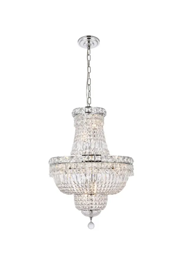 The Tranquil collection of hanging fixtures is everything you could imagine in the most decadent of lighting for your home. Captivating and serene, the radiance of this masterpiece will make you feel like a waterfall of lustrous sparkle enraptures you. Chrome-finished bands of exquisite emerald-cut and baguette jewels are finished off with a mesmerizing spherical gem. These hypnotizing chandeliers and hanging pendants will add a touch of panache to your kitchen, dining room, foyer, or bedroom. Collection: Tranquil Rooms: Dining room, Living room, Bedroom, Bathroom, Entry Way, Finish: Chrome Crystal: clear Notes: Royal Cut Crystal (Clear) Width: 18.00" Height: 27.00" Length: 18.00" Weight: 26.00 lb Chain: 60"Chrome Wire: 141.73" Clear Canopy: 5.3"x1" Number of Bulbs: 12 Maximum Wattage: 40.00 W Bulb Type: B10 Bulb Base: E12 Dimmable Voltage: 110.00 V Material: Steel and Crystal Country of Origin: China Safety Listing: ETL Safety Rating: UL,ULC Title 20 Title 24 Manufacturer Warranty: 1 year limited