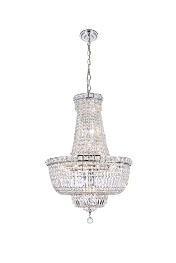 The Tranquil collection of hanging fixtures is everything you could imagine in the most decadent of lighting for your home. Captivating and serene, the radiance of this masterpiece will make you feel like a waterfall of lustrous sparkle enraptures you. Chrome-finished bands of exquisite emerald-cut and baguette jewels are finished off with a mesmerizing spherical gem. These hypnotizing chandeliers and hanging pendants will add a touch of panache to your kitchen, dining room, foyer, or bedroom. Collection: Tranquil Rooms: Dining room, Living room, Bedroom, Bathroom, Entry Way, Finish: Chrome Crystal: clear Notes: Royal Cut Crystal (Clear) Width: 22.00" Height: 31.00" Length: 22.00" Weight: 35.00 lb Chain: 60"Chrome Wire: 141.73" Clear Canopy: 5.3"x1" Number of Bulbs: 22 Maximum Wattage: 40.00 W Bulb Type: B10 Bulb Base: E12 Dimmable Voltage: 110.00 V Material: Steel and Crystal Country of Origin: China Safety Listing: ETL Safety Rating: UL,ULC Title 20 Title 24 Manufacturer Warranty: 1 year limited