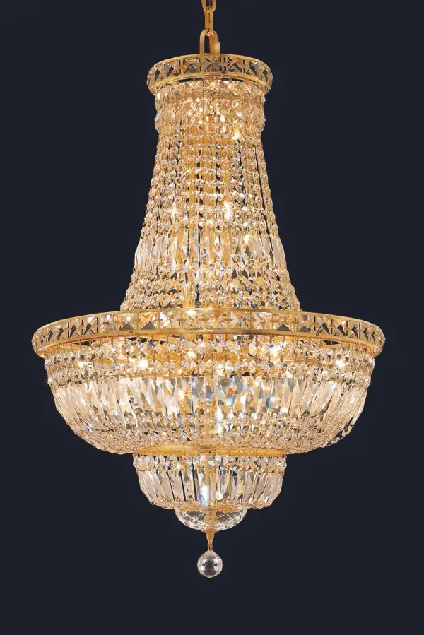 The Tranquil collection of hanging fixtures is everything you could imagine in the most decadent of lighting for your home. Captivating and serene, the radiance of this masterpiece will make you feel like a waterfall of lustrous sparkle enraptures you. Gold-finished bands of exquisite emerald-cut and baguette crystals are finished off with a mesmerizing spherical gem. These hypnotizing chandeliers and hanging pendants will add a touch of panache to your kitchen, dining room, foyer, or bedroom. Collection: Tranquil Rooms: Dining room, Living room, Bedroom, Bathroom, Entry Way, Finish: Gold Crystal: clear Notes: Royal Cut Crystal (Clear) Width: 22.00" Height: 31.00" Length: 22.00" Weight: 35.00 lb Chain: 60"Gold Wire: 141.73" Gold Canopy: 5.3"x1" Number of Bulbs: 22 Maximum Wattage: 40.00 W Bulb Type: B10 Bulb Base: E12 Dimmable Voltage: 110.00 V Material: Steel and Crystal Country of Origin: China Safety Listing: ETL Safety Rating: UL,ULC Title 20 Title 24 Manufacturer Warranty: 1 year limited
