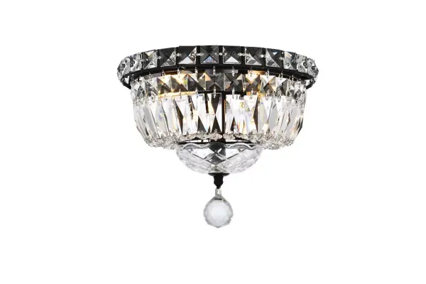 The Tranquil collection of flush-mount fixtures is everything you could imagine in the most decadent of lighting for your home. Captivating and serene, the radiance of this masterpiece will make you feel like a fireball of lustrous sparkle enraptures you. Black-finished bands of exquisite emerald-cut and baguette crystals are finished off with a mesmerizing spherical gem. These hypnotizing fixtures will add a touch of panache to your kitchen, dining room, foyer, or bedroom. Collection: Tranquil Rooms: Dining room, Living room, Bedroom, Bathroom, Entry Way, Finish: Black and Clear Crystal: Clear Width: 10.00" Height: 8.00" Length: 10.00" Weight: 10.00 lb Wire: 12" Black Canopy: 7.8"x1" Number of Bulbs: 4 Maximum Wattage: 40.00 W Bulb Type: E-12 Bulb Base: E12 Dimmable Voltage: 110.00 V Material: Metal and Crystal and Glass Country of Origin: China Safety Listing: ETL Safety Rating: Damp Title 20 Title 24 Manufacturer Warranty: 1 year limited Spec Sheet