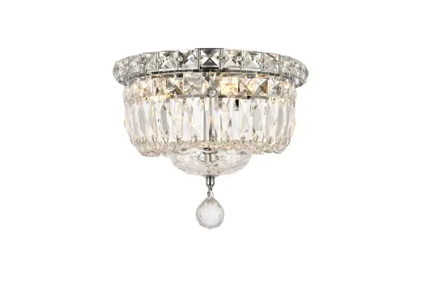 The Tranquil collection of flush-mount fixtures is everything you could imagine in the most decadent of lighting for your home. Captivating and serene, the radiance of this masterpiece will make you feel like a fireball of lustrous sparkle enraptures you. Chrome-finished bands of exquisite emerald-cut and baguette crystals are finished off with a mesmerizing spherical gem. These hypnotizing fixtures will add a touch of panache to your kitchen, dining room, foyer, or bedroom. Collection: Tranquil Rooms: Dining room, Living room, Bedroom, Bathroom, Entry Way, Closet Finish: Chrome Crystal: clear Notes: Royal Cut Crystal (Clear) Width: 10.00" Height: 8.00" Length: 10.00" Weight: 10.00 lb Wire: 11.81" Canopy: 7.87"x0.98" Number of Bulbs: 4 Maximum Wattage: 40.00 W Bulb Type: B10 Bulb Base: E12 Dimmable Voltage: 110.00 V Material: Steel Country of Origin: China Safety Listing: ETL Safety Rating: UL,ULC Manufacturer Warranty: 1 year limited