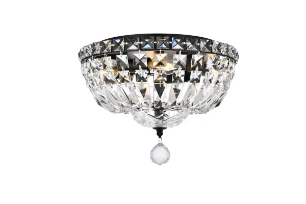 The Tranquil collection of flush-mount fixtures is everything you could imagine in the most decadent of lighting for your home. Captivating and serene, the radiance of this masterpiece will make you feel like a fireball of lustrous sparkle enraptures you. Black-finished bands of exquisite emerald-cut and baguette crystals are finished off with a mesmerizing spherical gem. These hypnotizing fixtures will add a touch of panache to your kitchen, dining room, foyer, or bedroom. Collection: Tranquil Rooms: Dining room, Living room, Bedroom, Bathroom, Entry Way, Finish: Black and Clear Crystal: Clear Width: 12.00" Height: 9.00" Length: 12.00" Weight: 12.00 lb Wire: 12" Black Canopy: 9.8"x1" Number of Bulbs: 4 Maximum Wattage: 40.00 W Bulb Type: E-12 Bulb Base: E12 Dimmable Voltage: 110.00 V Material: Metal and Crystal and Glass Country of Origin: China Safety Listing: ETL Safety Rating: Damp Title 20 Title 24 Manufacturer Warranty: 1 year limited Spec Sheet