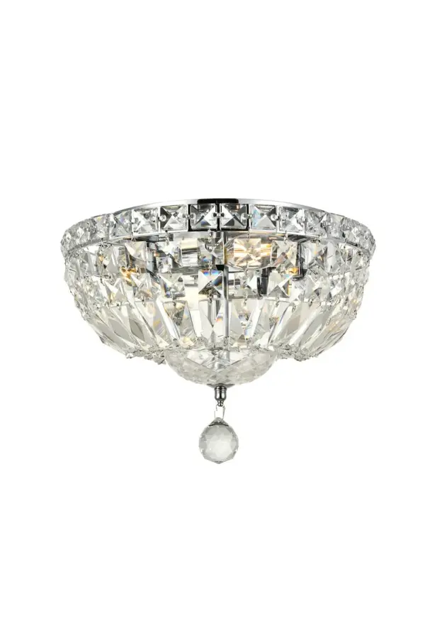 The Tranquil collection of flush-mount fixtures is everything you could imagine in the most decadent of lighting for your home. Captivating and serene, the radiance of this masterpiece will make you feel like a fireball of lustrous sparkle enraptures you. Chrome-finished bands of exquisite emerald-cut and baguette crystals are finished off with a mesmerizing spherical gem. These hypnotizing fixtures will add a touch of panache to your kitchen, dining room, foyer, or bedroom. Collection: Tranquil Rooms: Dining room, Living room, Bedroom, Bathroom, Entry Way, Closet Finish: Chrome Crystal: clear Notes: Royal Cut Crystal (Clear) Width: 12.00" Height: 9.00" Length: 12.00" Weight: 12.00 lb Wire: 11.81" Canopy: 9.84"x0.98" Number of Bulbs: 4 Maximum Wattage: 40.00 W Bulb Type: B10 Bulb Base: E12 Dimmable Voltage: 110.00 V Material: Steel Country of Origin: China Safety Listing: ETL Safety Rating: UL,ULC Manufacturer Warranty: 1 year limited