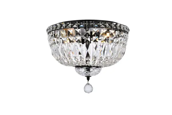 The Tranquil collection of flush-mount fixtures is everything you could imagine in the most decadent of lighting for your home. Captivating and serene, the radiance of this masterpiece will make you feel like a fireball of lustrous sparkle enraptures you. Black-finished bands of exquisite emerald-cut and baguette crystals are finished off with a mesmerizing spherical gem. These hypnotizing fixtures will add a touch of panache to your kitchen, dining room, foyer, or bedroom. Collection: Tranquil Rooms: Dining room, Living room, Bedroom, Bathroom, Entry Way, Finish: Black and Clear Crystal: Clear Width: 14.00" Height: 9.00" Length: 14.00" Weight: 14.00 lb Wire: 12" Black Canopy: 12"x1" Number of Bulbs: 4 Maximum Wattage: 40.00 W Bulb Type: E-12 Bulb Base: E12 Dimmable Voltage: 110.00 V Material: Metal and Crystal and Glass Country of Origin: China Safety Listing: ETL Safety Rating: Damp Title 20 Title 24 Manufacturer Warranty: 1 year limited Spec Sheet