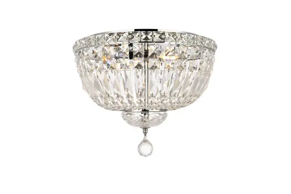 The Tranquil collection of flush-mount fixtures is everything you could imagine in the most decadent of lighting for your home. Captivating and serene, the radiance of this masterpiece will make you feel like a fireball of lustrous sparkle enraptures you. Chrome-finished bands of exquisite emerald-cut and baguette crystals are finished off with a mesmerizing spherical gem. These hypnotizing fixtures will add a touch of panache to your kitchen, dining room, foyer, or bedroom. Collection: Tranquil Rooms: Dining room, Living room, Bedroom, Bathroom, Entry Way, Closet Finish: Chrome Crystal: clear Notes: Royal Cut Crystal (Clear) Width: 14.00" Height: 9.00" Length: 14.00" Weight: 14.00 lb Wire: 11.81" Canopy: 11.81"x0.98" Number of Bulbs: 4 Maximum Wattage: 40.00 W Bulb Type: B10 Bulb Base: E12 Dimmable Voltage: 110.00 V Material: Steel Country of Origin: China Safety Listing: ETL Safety Rating: UL,ULC Manufacturer Warranty: 1 year limited