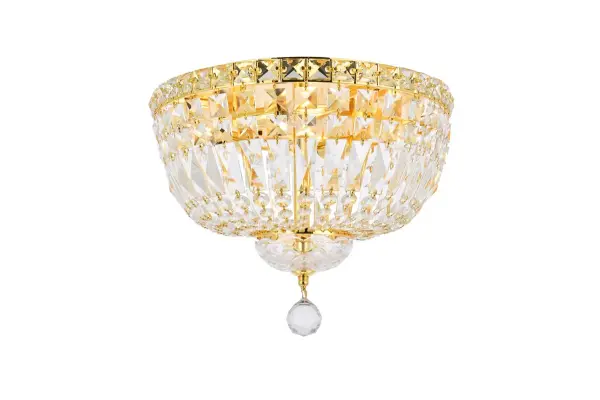 The Tranquil collection of flush-mount fixtures is everything you could imagine in the most decadent of lighting for your home. Captivating and serene, the radiance of this masterpiece will make you feel like a fireball of lustrous sparkle enraptures you. Gold-finished bands of exquisite emerald-cut and baguette crystals are finished off with a mesmerizing spherical gem. These hypnotizing fixtures will add a touch of panache to your kitchen, dining room, foyer, or bedroom. Collection: Tranquil Rooms: Dining room, Living room, Bedroom, Bathroom, Entry Way, Closet Finish: Gold Crystal: clear Notes: Royal Cut Crystal (Clear) Width: 14.00" Height: 9.00" Length: 14.00" Weight: 14.00 lb Wire: 11.81" Canopy: 11.81"x0.98" Number of Bulbs: 4 Maximum Wattage: 40.00 W Bulb Type: B10 Bulb Base: E12 Dimmable Voltage: 110.00 V Material: Steel Country of Origin: China Safety Listing: ETL Safety Rating: UL,ULC Manufacturer Warranty: 1 year limited