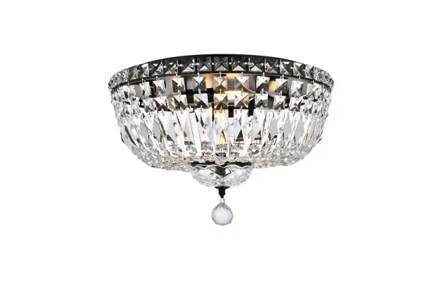 The Tranquil collection of flush-mount fixtures is everything you could imagine in the most decadent of lighting for your home. Captivating and serene, the radiance of this masterpiece will make you feel like a fireball of lustrous sparkle enraptures you. Black-finished bands of exquisite emerald-cut and baguette crystals are finished off with a mesmerizing spherical gem. These hypnotizing fixtures will add a touch of panache to your kitchen, dining room, foyer, or bedroom. Collection: Tranquil Rooms: Dining room, Living room, Bedroom, Bathroom, Entry Way, Finish: Black and Clear Crystal: Clear Width: 16.00" Height: 10.00" Length: 16.00" Weight: 16.00 lb Wire: 12" Black Canopy: 13.8"x1" Number of Bulbs: 6 Maximum Wattage: 40.00 W Bulb Type: E-12 Bulb Base: E12 Dimmable Voltage: 110.00 V Material: Metal and Crystal and Glass Country of Origin: China Safety Listing: ETL Safety Rating: Damp Title 20 Title 24 Manufacturer Warranty: 1 year limited Spec Sheet