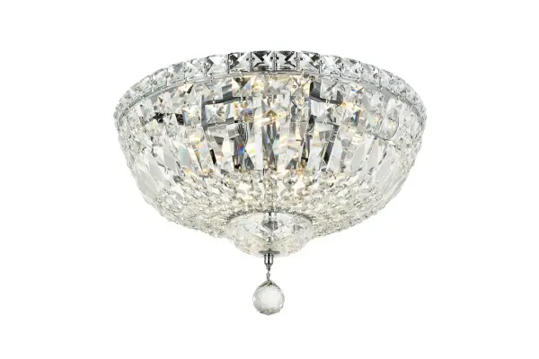 The Tranquil collection of flush-mount fixtures is everything you could imagine in the most decadent of lighting for your home. Captivating and serene, the radiance of this masterpiece will make you feel like a fireball of lustrous sparkle enraptures you. Chrome-finished bands of exquisite emerald-cut and baguette crystals are finished off with a mesmerizing spherical gem. These hypnotizing fixtures will add a touch of panache to your kitchen, dining room, foyer, or bedroom. Collection: Tranquil Rooms: Dining room, Living room, Bedroom, Bathroom, Entry Way, Closet Finish: Chrome Crystal: clear Notes: Royal Cut Crystal (Clear) Width: 16.00" Height: 10.00" Length: 16.00" Weight: 16.00 lb Wire: 11.81" Canopy: 13.77"x0.98" Number of Bulbs: 6 Maximum Wattage: 40.00 W Bulb Type: B10 Bulb Base: E12 Dimmable Voltage: 110.00 V Material: Steel Country of Origin: China Safety Listing: ETL Safety Rating: UL,ULC Manufacturer Warranty: 1 year limited