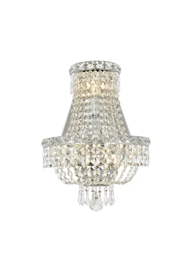 The Tranquil collection of wall sconces is everything you could imagine in the most decadent of lighting for your home. Captivating and serene, the radiance of this masterpiece will make you feel like a waterfall of lustrous sparkle enraptures you. Chrome-finished bands of exquisite emerald-cut crystals are finished off with mesmerizing spherical and droplet gems. These hypnotizing fixtures will add a touch of panache to your kitchen, dining room, foyer, or bedroom. Collection: Tranquil Rooms: Hallway, Living room, Bedroom, Bathroom, Entry Way, Finish: Chrome Crystal: clear Notes: Royal Cut Crystal (Clear) Width: 3.00" Height: 17.00" Length: 12.00" Weight: 8.00 lb Extension from Wall: 3.00" Wire: 11.81" Canopy: 13.77``x8.66``x0.78`` Number of Bulbs: 3 Maximum Wattage: 40.00 W Bulb Type: B10 Bulb Base: E12 Dimmable Voltage: 110.00 V Material: Steel Country of Origin: China Safety Listing: ETL Safety Rating: Damp Title 20 Title 24 Manufacturer Warranty: 1 year limited
