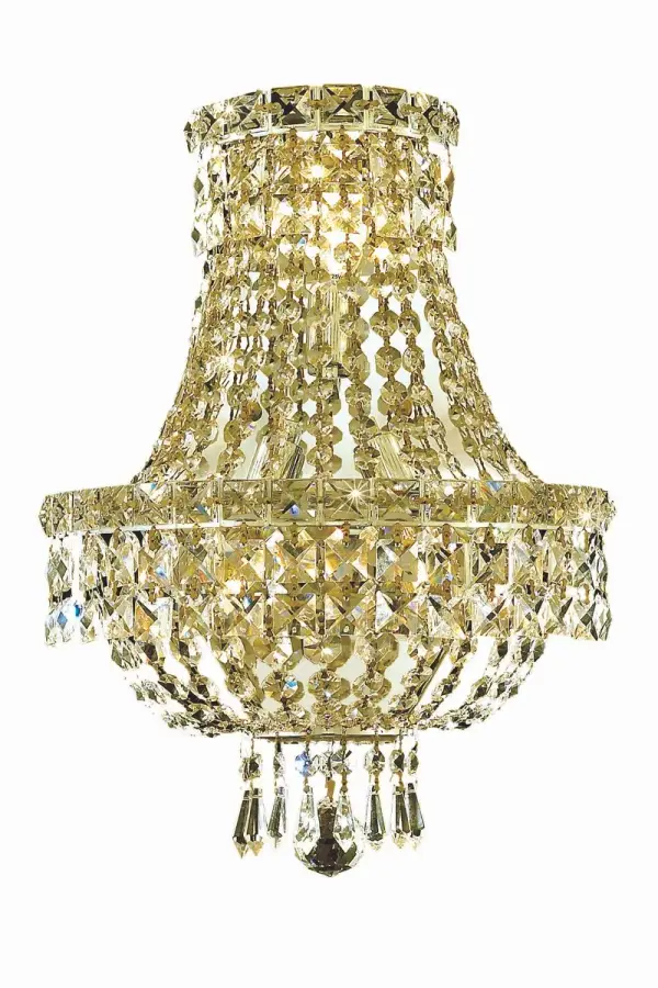 The Tranquil collection of wall sconces is everything you could imagine in the most decadent of lighting for your home. Captivating and serene, the radiance of this masterpiece will make you feel like a waterfall of lustrous sparkle enraptures you. Gold-finished bands of exquisite emerald-cut crystals are finished off with mesmerizing spherical and droplet gems. These hypnotizing fixtures will add a touch of panache to your kitchen, dining room, foyer, or bedroom. Collection: Tranquil Rooms: Hallway, Living room, Bedroom, Bathroom, Entry Way, Finish: Gold Crystal: clear Notes: Royal Cut Crystal (Clear) Width: 3.00" Height: 17.00" Length: 12.00" Weight: 8.00 lb Extension from Wall: 3.00" Wire: 11.81" Canopy: 13.77``x8.66``x0.78`` Number of Bulbs: 3 Maximum Wattage: 40.00 W Bulb Type: B10 Bulb Base: E12 Dimmable Voltage: 110.00 V Material: Steel Country of Origin: China Safety Listing: ETL Safety Rating: Damp Title 20 Title 24 Manufacturer Warranty: 1 year limited