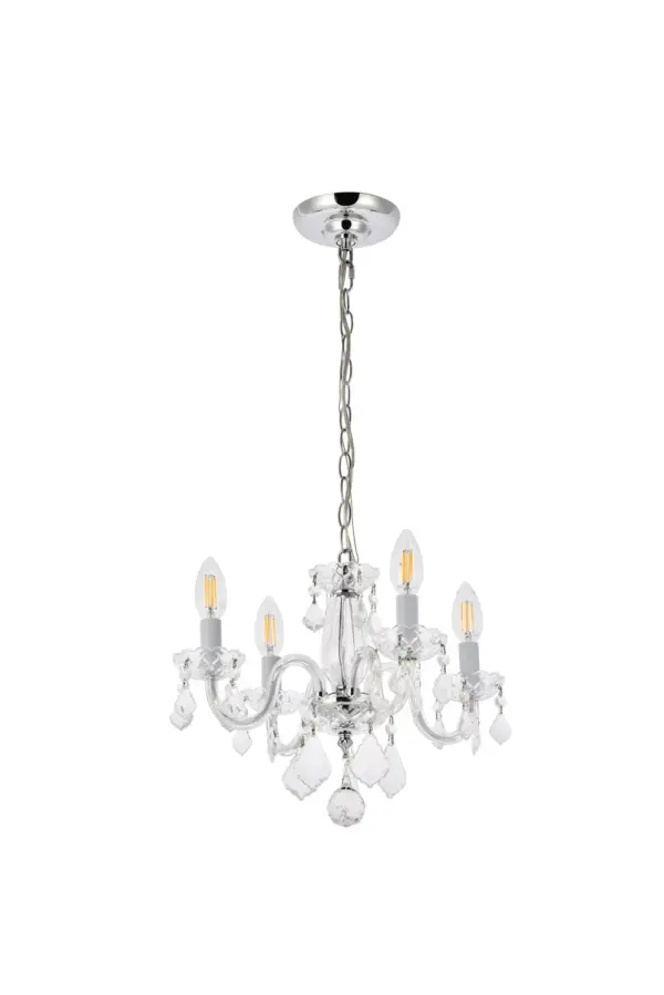 The 7804 Rococo collection was inspired by the lavish elegance of 18th century France, known for its graceful curves and light colors. The steel frame, available in an array of finishes, is highlighted by curved glass arms, a glass vase, and glass holders for the candelabra bulbs. Dangling from the delicately etched glass plates on three levels are royal-cut octagon and pendeloque crystals. It all comes together with a faceted glass sphere at the bottom. Optional shades of acrylic and organza add coziness to the glam. Petite in size yet grand in appearance, Rococo hanging pendants are perfect for enhancing the décor of smaller areas in your home. Collection: Rococo Rooms: Dining room, Living room, Bedroom, Bathroom, Entry Way, Finish: Chrome Crystal: clear Notes: Royal Cut Crystal (Clear) Width: 15.00" Height: 12.00" Length: 15.00" Weight: 14.00 lb Chain: 60"Chrome Wire: 82.5" Clear Canopy: 5.11"x1.26" Number of Bulbs: 4 Maximum Wattage: 40.00 W Bulb Type: B10 Bulb Base: E12 Dimmable Voltage: 110.00 V Material: Steel and Glass Country of Origin: China Safety Listing: ETL Safety Rating: UL,ULC Title 20 Title 24 Manufacturer Warranty: 1 year limited Spec Sheet