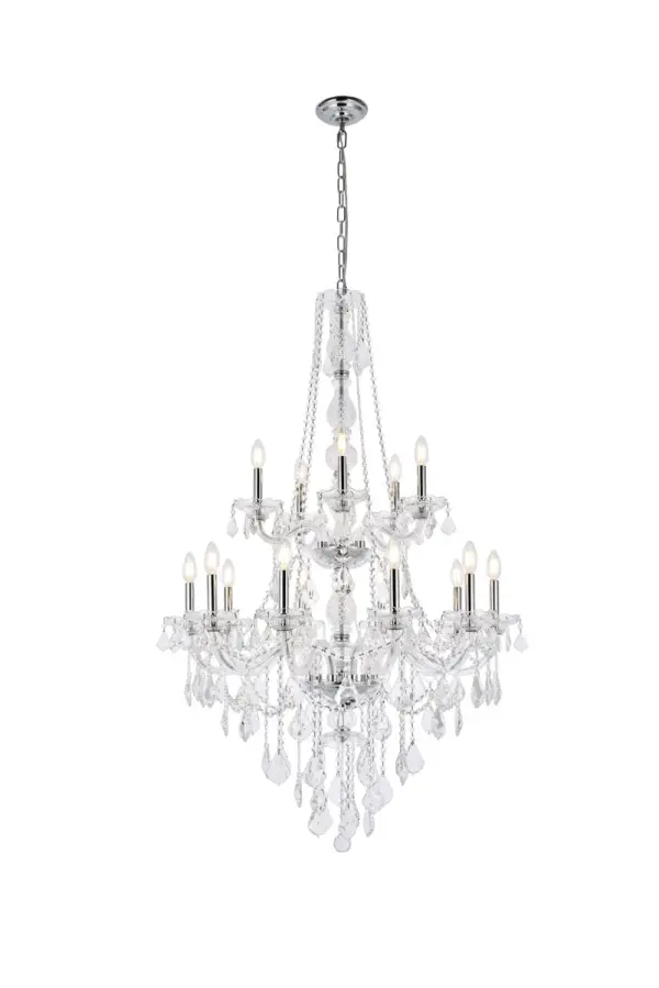 The chandeliers of the Verona collection are the epitome of breathtaking beauty and elegance. Cut-crystal center columns and gently sweeping arms hold 15 candelabra lights (not included) and crystal bobéches, each arm with its own adornments of draped crystal beads, balls, rings, and pendeloques. Inspired by the resplendent chandeliers preferred by English aristocrats in the 18th century, today's Verona fixtures unmistakably project an aura of luxury and style. Available with a variety of finishes and many different types of crystal. Collection: Verona Rooms: Dining room, Living room, Bedroom, Bathroom, Entry Way, Finish: Chrome Crystal: clear Notes: Royal Cut Crystal (Clear) Width: 33.00" Height: 52.00" Length: 33.00" Weight: 62.00 lb Chain: 60"Chrome Wire: 173" Clear Canopy: 5.31"x1.26" Number of Bulbs: 15 Maximum Wattage: 40.00 W Bulb Type: B10 Bulb Base: E12 Dimmable Voltage: 110.00 V Material: Steel and Glass Country of Origin: China Safety Listing: ETL Safety Rating: UL,ULC Title 20 Title 24 Manufacturer Warranty: 1 year limited